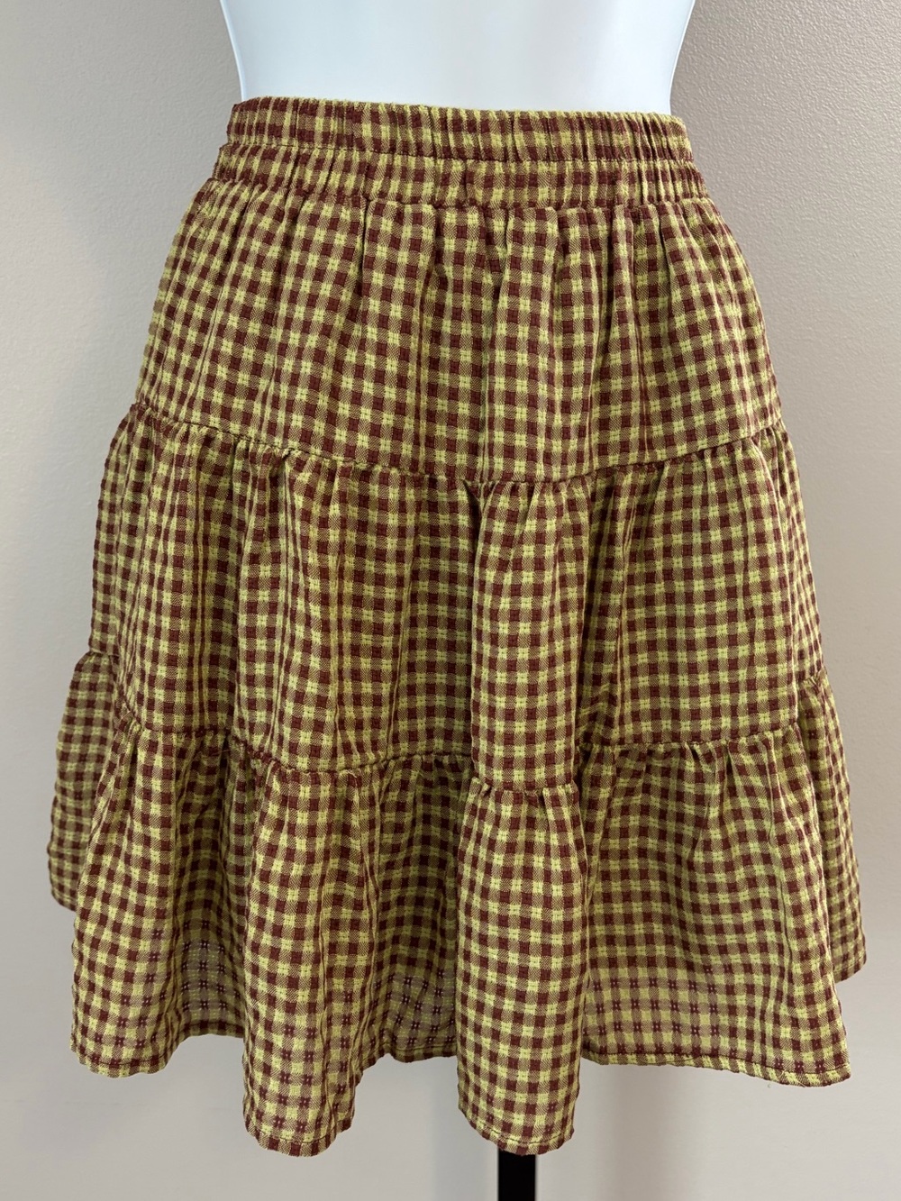 NWT Easel Tiered Gingham Mini Skirt in Brown and Green